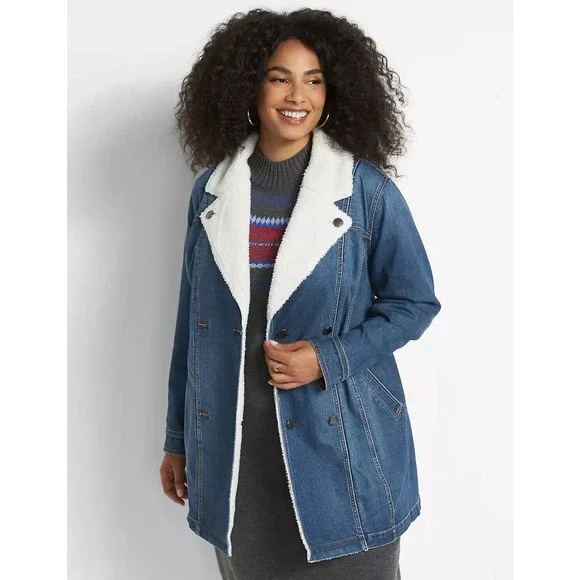 Lane Bryant Midi Denim Jacket Medium Wash Sherpa Women's Plus Size 26/28 H14229 - Picture 1 of 13
